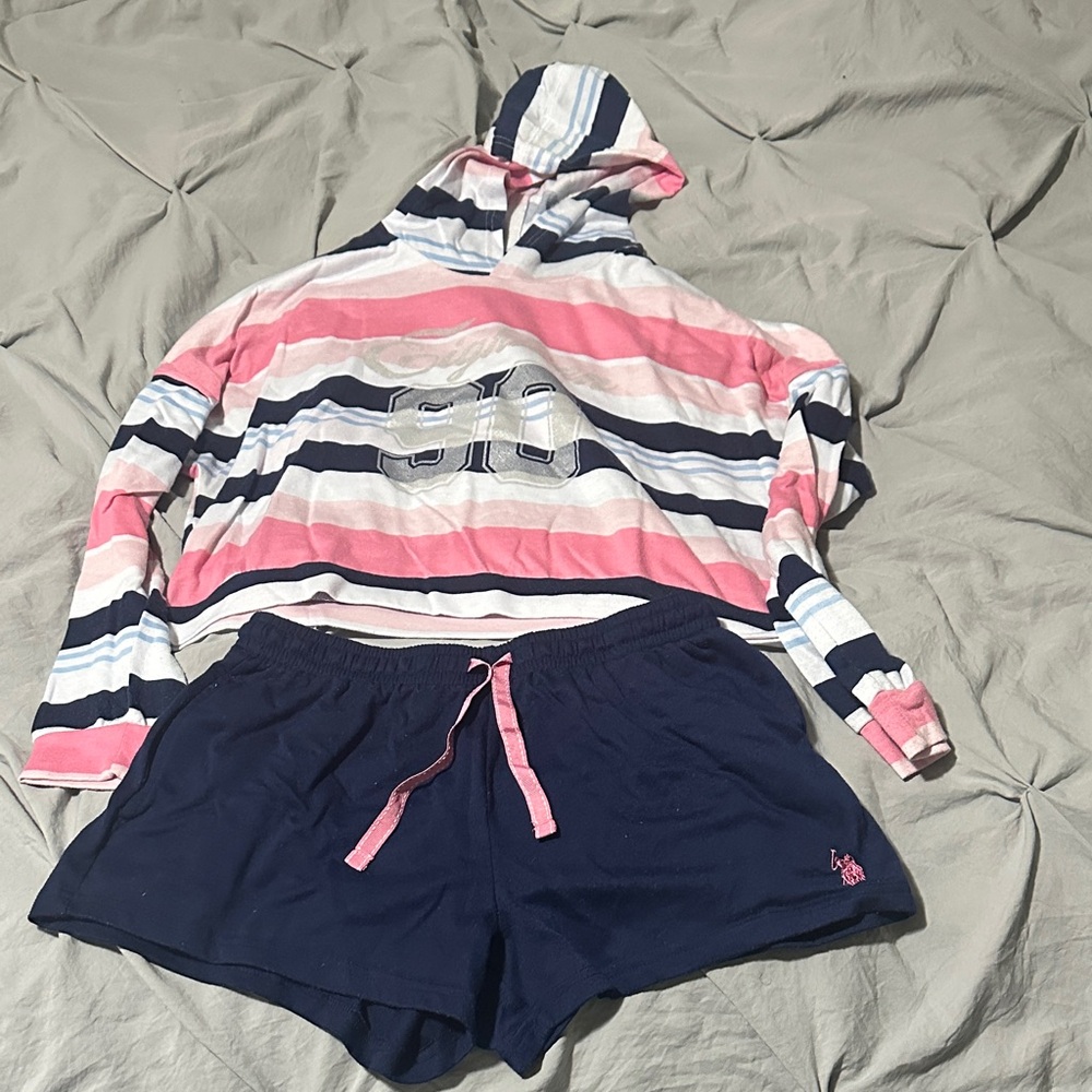 U.S. Polo Assn. Striped, Hooded Long Sleeve Cropped Top and Navy Shorts Set - Picture 1 of 5